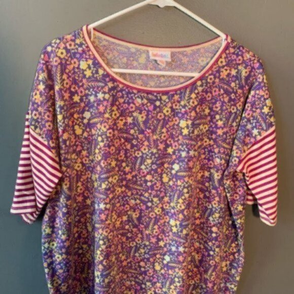 Lularoe Irma Tunic Top Purple Floral Pink Stripe Sleeve - Picture 4 of 10